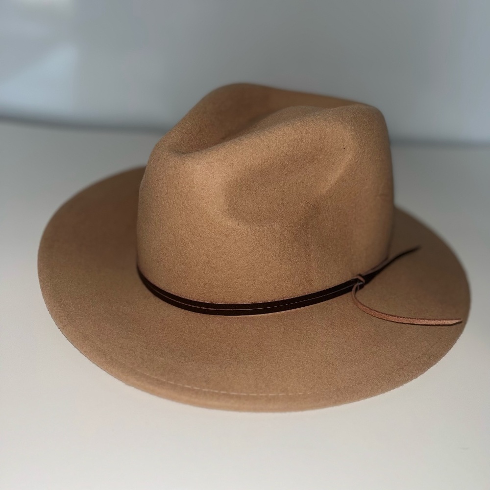 Anthropologie Tan Wool Brimmed Hat With Brown Leather Strap